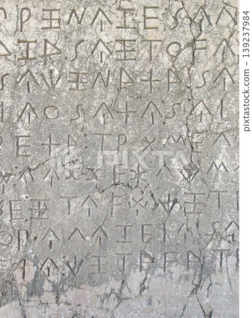 Ancient Lycian inscription on stone in Xanthos, Turkey 139237984