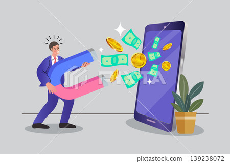 Businessman using a giant magnet to attract money from smartphone representing digital monetization mobile commerce success and online wealth attraction concept Businessman using a giant magnet to attract money from smartphone representing digital monetization mobile commerce success and online wealth attraction concept 139238072