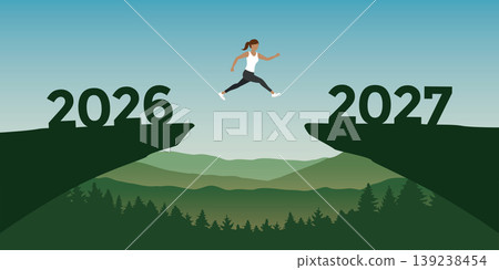woman jumping over a cliff from 2026 to 2027 vector illustration 139238454
