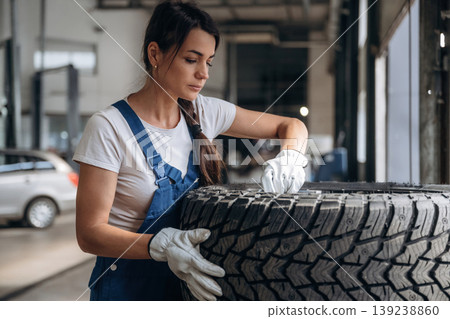 Taking a look at the tire. Female mechanic is working in the modern car workshop Taking a look at the tire. Female mechanic is working in the modern car workshop 139238860