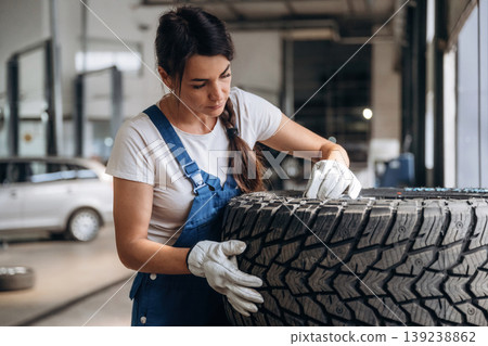 Taking a look at the tire. Female mechanic is working in the modern car workshop Taking a look at the tire. Female mechanic is working in the modern car workshop 139238862