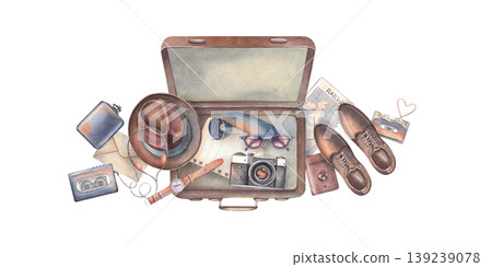Hand-painted watercolor retro travel composition, open suitcase, boots, hat, map, passport, camera, sunglasses, and more isolated on white for tourism branding, blog, packaging, poster, design, banner Hand-painted watercolor retro travel composition, open suitcase, boots, hat, map, passport, camera, sunglasses, and more isolated on white for tourism branding, blog, packaging, poster, design, banner 139239078