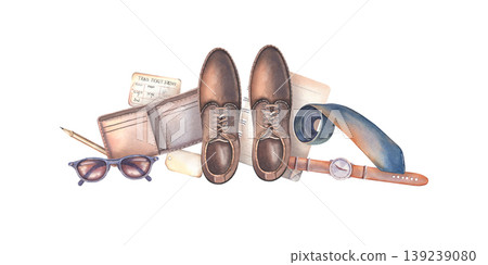 Hand-painted watercolor composition of retro men boots, hat, tie, watch, sunglasses, wallet, ticket, notebook, isolated on white for fashion gentlemen branding, packaging, posters design, banners 139239080