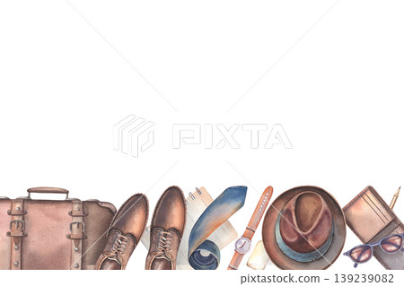 Hand-painted watercolor frame, suitcase, gentleman leather boots, tie, hat, sunglasses, watch, wallet, notebook, pencil, isolated on white. Perfect for travel, lifestyle, fashion, branding, design, ad Hand-painted watercolor frame, suitcase, gentleman leather boots, tie, hat, sunglasses, watch, wallet, notebook, pencil, isolated on white. Perfect for travel, lifestyle, fashion, branding, design, ad 139239082