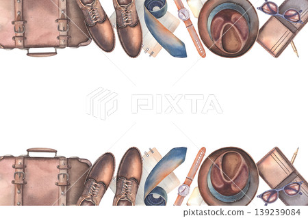 Hand-painted watercolor frame, suitcase, gentleman leather boots, tie, hat, sunglasses, watch, wallet, notebook, pencil, isolated on white. Perfect for travel, lifestyle, fashion, branding, design, ad Hand-painted watercolor frame, suitcase, gentleman leather boots, tie, hat, sunglasses, watch, wallet, notebook, pencil, isolated on white. Perfect for travel, lifestyle, fashion, branding, design, ad 139239084