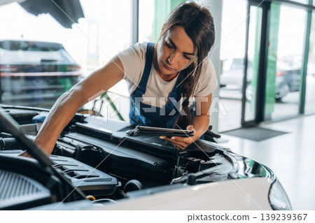Against window, hood is opened, with digital tablet. Female mechanic is working in the modern car workshop Against window, hood is opened, with digital tablet. Female mechanic is working in the modern car workshop 139239367