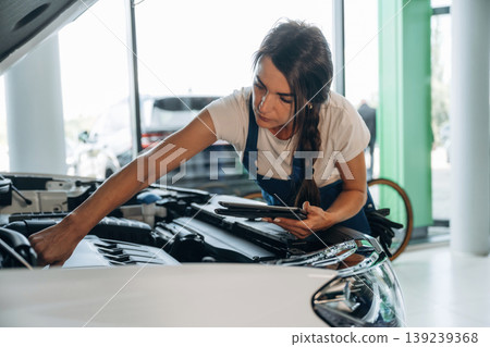 Against window, hood is opened, with digital tablet. Female mechanic is working in the modern car workshop Against window, hood is opened, with digital tablet. Female mechanic is working in the modern car workshop 139239368