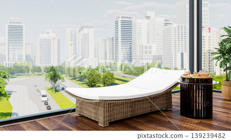 Luxury lounge chair with city skyline view in modern spa interior, 3D Rendering Luxury lounge chair with city skyline view in modern spa interior, 3D Rendering 139239482