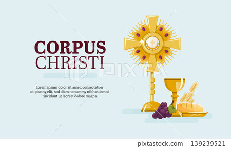 Holy communion bread and wine eucharist banner with Corpus Christi text Holy communion bread and wine eucharist banner with Corpus Christi text 139239521