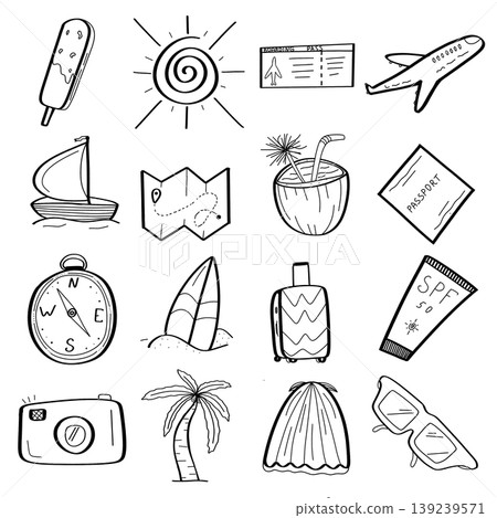Hand drawn summer travel doodle icons set with beach vacation adventure elements on a transparent background Hand drawn summer travel doodle icons set with beach vacation adventure elements on a transparent background 139239571