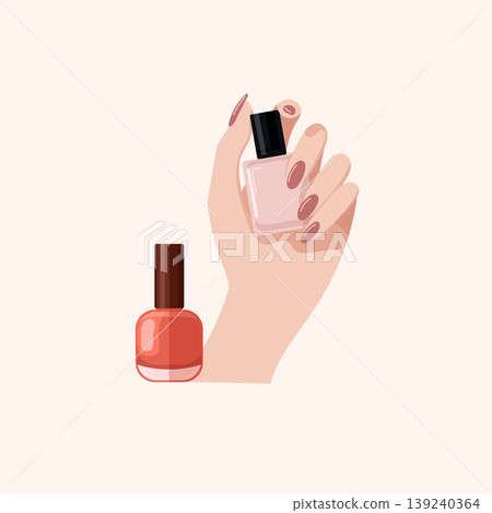 Hand holding nail polish bottle with manicure concept flat vector illustration beauty cosmetics isolated on beige background Hand holding nail polish bottle with manicure concept flat vector illustration beauty cosmetics isolated on beige background 139240364