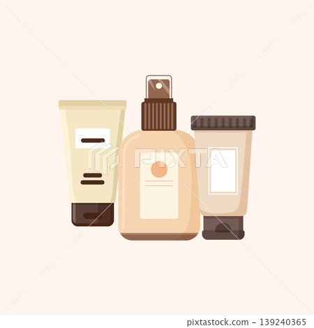 Skincare cosmetics set with cream tubes and lotion bottle flat vector illustration beauty products isolated on beige background Skincare cosmetics set with cream tubes and lotion bottle flat vector illustration beauty products isolated on beige background 139240365