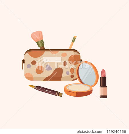 Cosmetic bag with makeup tools flat vector illustration including brush eyeliner lipstick and compact powder beauty set isolated on beige background Cosmetic bag with makeup tools flat vector illustration including brush eyeliner lipstick and compact powder beauty set isolated on beige background 139240366