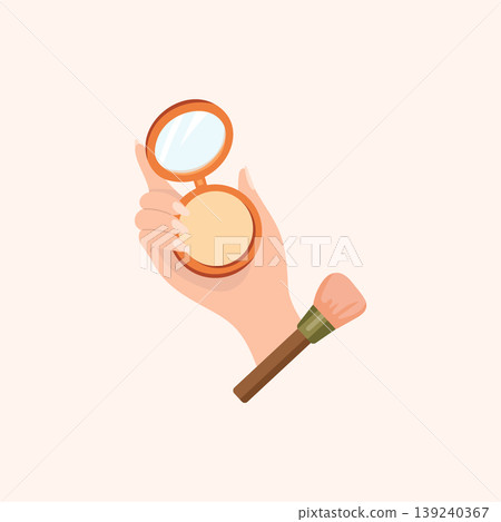 Hand holding compact powder with mirror and makeup brush vector illustration beauty cosmetics concept isolated on beige background flat design elegant style Hand holding compact powder with mirror and makeup brush vector illustration beauty cosmetics concept isolated on beige background flat design elegant style 139240367