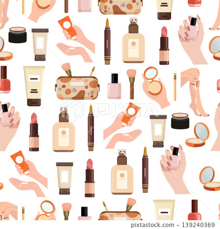 Seamless beauty pattern with cosmetics and skincare products hands applying cream lipstick nail polish brushes and bottles in soft pastel flat vector illustration 139240369