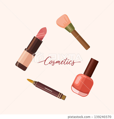 Cosmetics vector illustration with lipstick nail polish makeup brush and eyeliner isolated on beige background elegant beauty concept flat design with lettering Cosmetics vector illustration with lipstick nail polish makeup brush and eyeliner isolated on beige background elegant beauty concept flat design with lettering 139240370