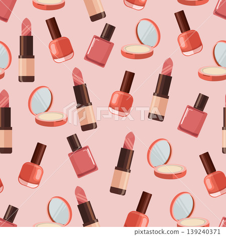 Seamless pattern with makeup cosmetics including lipstick nail polish bottles and compact powder in soft red tones on a clean background flat vector illustration 139240371