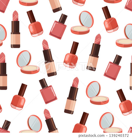 Seamless pattern with makeup cosmetics including lipstick nail polish bottles and compact powder in soft red tones on a clean background flat vector illustration 139240372