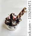 A decadent dessert with yogurt, brownie, marshmallows, and wafer rolls, topped with chocolate syrup 139240471