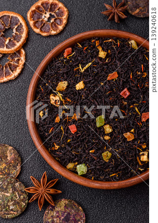 Dry black tea with herbal leaves and aromatic additives. Dry fruity black tea Dry black tea with herbal leaves and aromatic additives. Dry fruity black tea 139240618