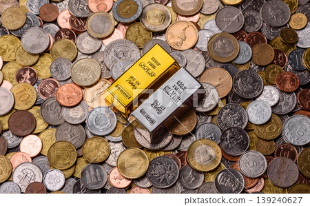 Gold and silver bullion or ingots as metals for bank storage, investments. Gold and silver bars Gold and silver bullion or ingots as metals for bank storage, investments. Gold and silver bars 139240627