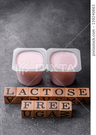 Liquid lactose free yogurt, a useful food for digestive health. Lactose free yogurt Liquid lactose free yogurt, a useful food for digestive health. Lactose free yogurt 139240663