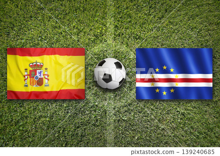 Spain vs. Cape Verde flags on a soccer field Spain vs. Cape Verde flags on a soccer field 139240685