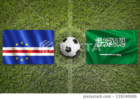 Cape Verde vs. Saudi Arabia flags on a soccer field Cape Verde vs. Saudi Arabia flags on a soccer field 139240686