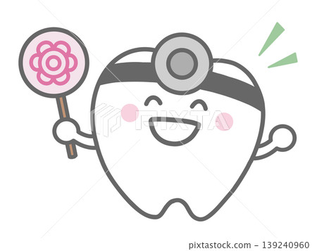 A character of a dentist holding a flower-shaped tag. 139240960