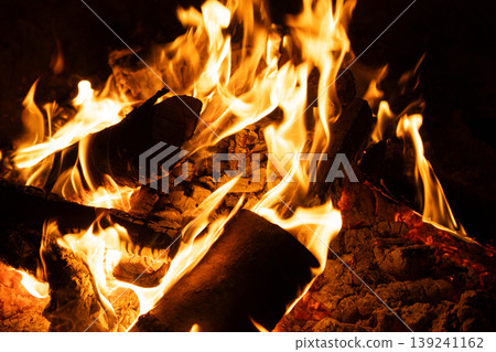 Close-up of Logs Burning with Intense Yellow and Orange Flames. Close-up of Logs Burning with Intense Yellow and Orange Flames. 139241162