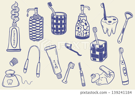 Dental hygiene tools collection with toothbrush toothpaste and oral care accessories in hand drawn doodle style Dental hygiene tools collection with toothbrush toothpaste and oral care accessories in hand drawn doodle style 139241184