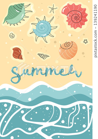 Summer poster with seashells ocean waves and beach elements in hand drawn doodle style Summer poster with seashells ocean waves and beach elements in hand drawn doodle style 139241190