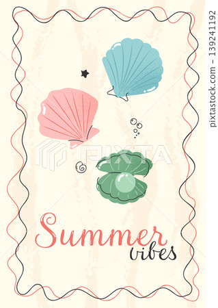 Summer vibes poster with seashells beach elements and ocean waves in hand drawn doodle style Summer vibes poster with seashells beach elements and ocean waves in hand drawn doodle style 139241192