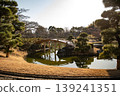 冬日式庭園中的一座木橋，在池塘中映出如鏡的倒影。 139241351