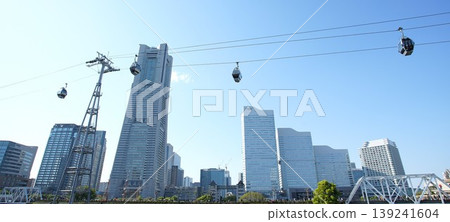 A view of skyscrapers and a cable car. 139241604