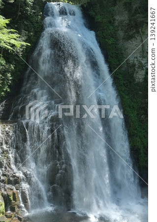 A massive waterfall cascading down a valley lush with new greenery – a beautiful early summer scene of vibrant young leaves and powerful, flowing water. 139241667