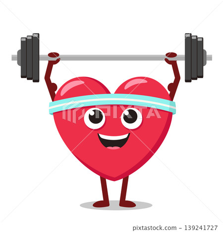 Healthy heart lifts a barbell and smiles close-up on a white background. Character 139241727