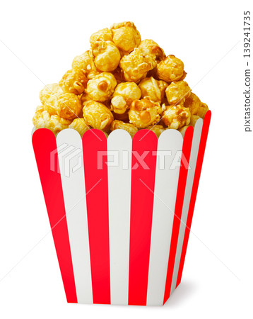 Caramel popcorn in a box close-up on a white. Isolated 139241735