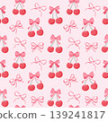 Seamless pattern with cute fruit illustration features repeating cherries and delicate ribbons in a seamless layout. The pink, feminine design suits wallpapers, stationery, and decorative prints 139241817