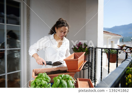 Woman Planting Herbs in Balcony Planters With Soil and Pots on Sunny Urban Terrace Woman Planting Herbs in Balcony Planters With Soil and Pots on Sunny Urban Terrace 139241862