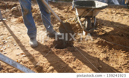 worker shovels trench, worker digs and fills trench with shovel, worker utilizes shovel to fill trench and transfer material, worker uses shovel to fill trench and move material efficiently worker shovels trench, worker digs and fills trench with shovel, worker utilizes shovel to fill trench and transfer material, worker uses shovel to fill trench and move material efficiently 139241923