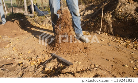 workers are actively loading dirt onto piles, several laborers are shoveling and piling dirt during cleanup, multiple workers wearing casual clothes are shoveling and stacking soil onsite workers are actively loading dirt onto piles, several laborers are shoveling and piling dirt during cleanup, multiple workers wearing casual clothes are shoveling and stacking soil onsite 139241925