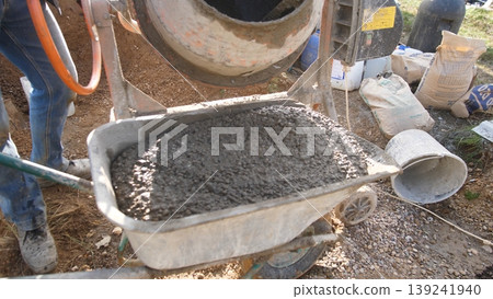 fresh concrete mix in trough beside portable mixer and wheelbarrow, closeup of aggregate and wet paste ready for pouring; scene captures manual batching and small-scale onsite concrete work fresh concrete mix in trough beside portable mixer and wheelbarrow, closeup of aggregate and wet paste ready for pouring; scene captures manual batching and small-scale onsite concrete work 139241940