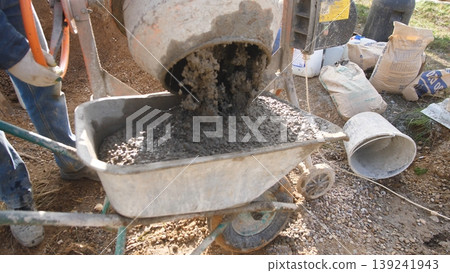 concrete mix visible, poured concrete in wheelbarrow, portable mixer pouring concrete into wheelbarrow, work boots and tools positioned as concrete is poured from portable mixer into concrete mix visible, poured concrete in wheelbarrow, portable mixer pouring concrete into wheelbarrow, work boots and tools positioned as concrete is poured from portable mixer into 139241943