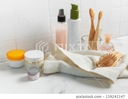 Bathroom essentials for daily self care and personal hygiene 139242147