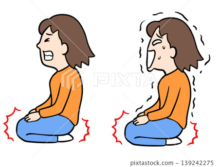 一幅插圖描繪了一位女性因正坐姿勢而雙腿麻木，她已達到極限，顫抖著拼命忍耐。 139242275