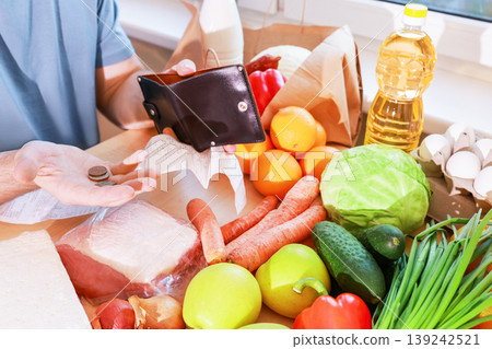 Empty wallet and coins over groceries showing high food prices and inflation. The economic crisis is leading to sharp price increases and financial struggle. Empty wallet and coins over groceries showing high food prices and inflation. The economic crisis is leading to sharp price increases and financial struggle. 139242521