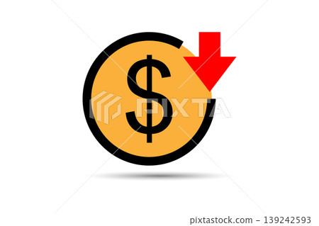 Dollar Coin With Red Down Arrow Symbolizing Falling Price, Decrease In Value And Financial Loss Dollar Coin With Red Down Arrow Symbolizing Falling Price, Decrease In Value And Financial Loss 139242593