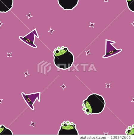 Halloween Seamless Pattern with Witch Hat and Magic Cauldron Halloween Seamless Pattern with Witch Hat and Magic Cauldron 139242605