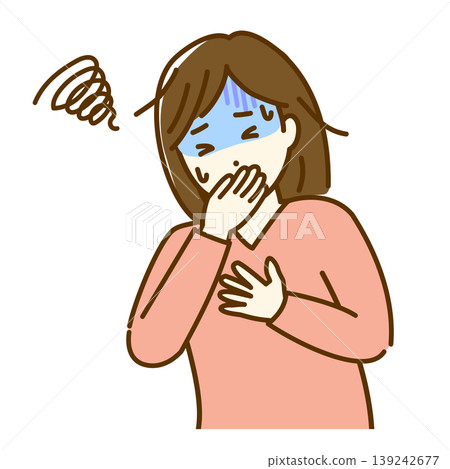 An illustration of a woman who feels sick and about to vomit. 139242677